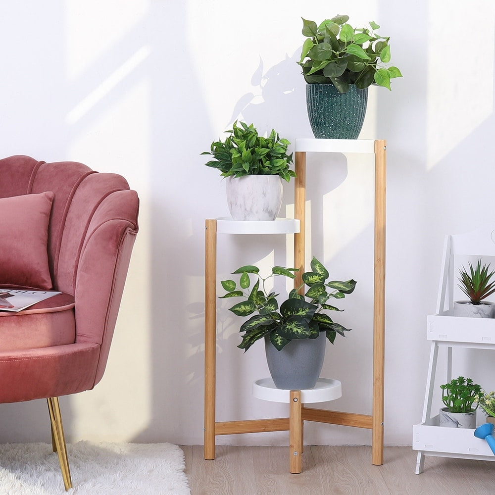 Support d'angle haut en bambou à 3 niveaux pour plantes, présentoir d'intérieur et d'extérieur