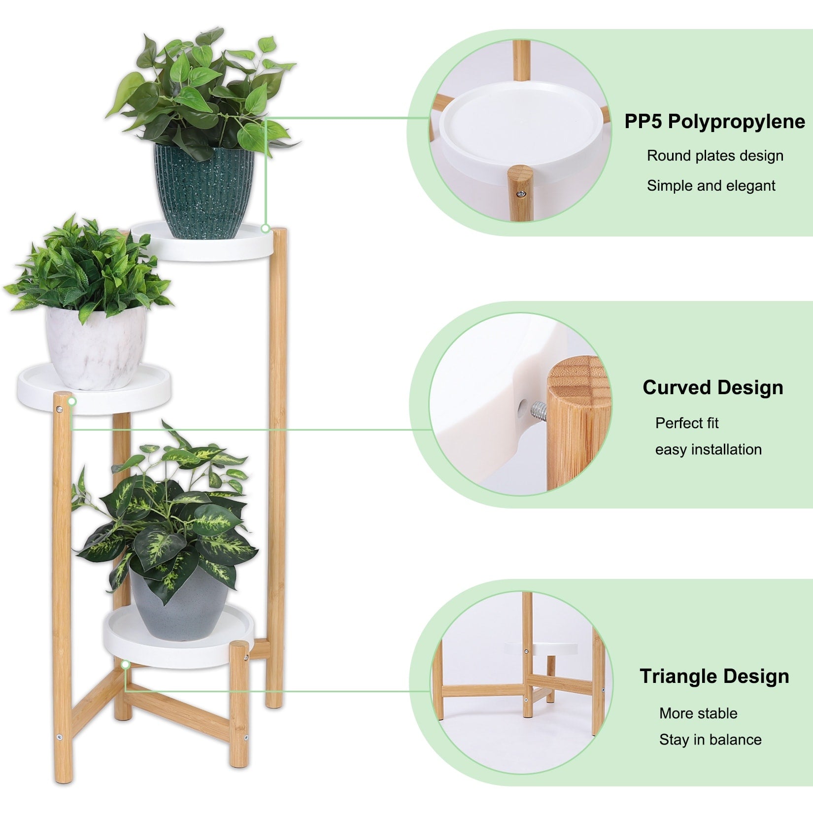 Support d'angle haut en bambou à 3 niveaux pour plantes, présentoir d'intérieur et d'extérieur