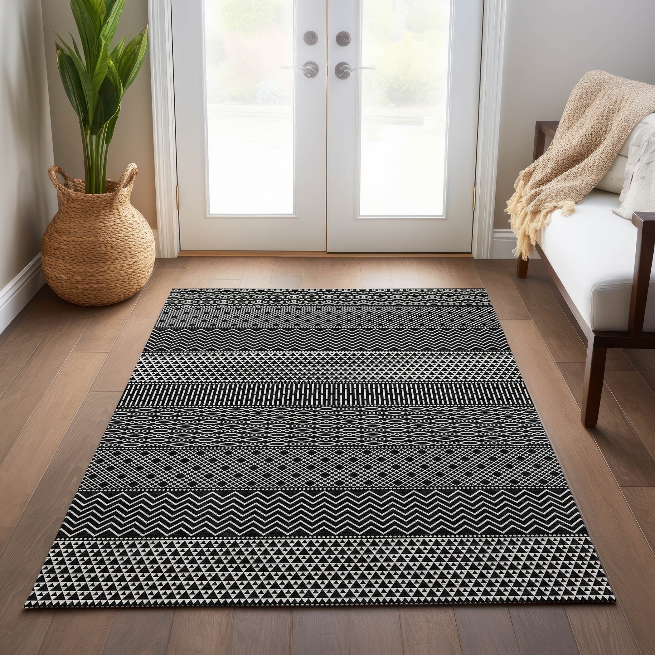 Tapis Chantille moderne à rayures, lavable en machine, pour intérieur et extérieur