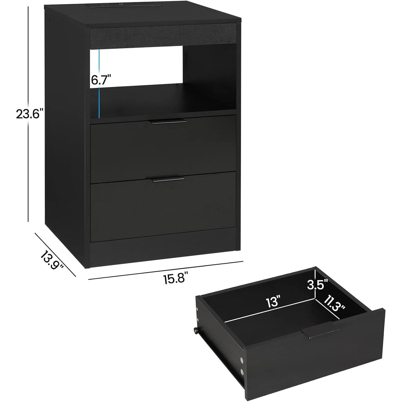Table de chevet à 2 tiroirs avec LED et station de charge sans fil, étagère coulissante