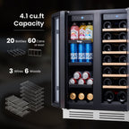 Réfrigérateur à vin/boissons 24 pouces, réfrigérateur double zone pour 20 bouteilles/60 canettes - 24 pouces